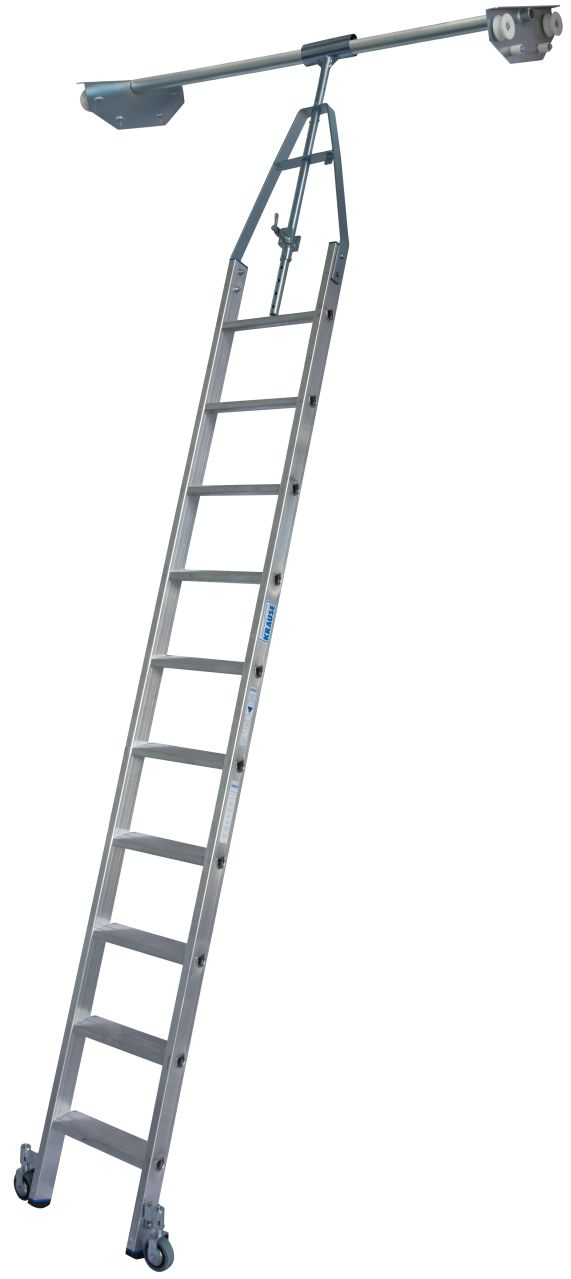 Stufen-Regalleiter für Doppelregal mit Rundrohr-Schienenanlage, 10 Stufen Stufen-RegalLeiter für Doppelregal mit Rundrohr-Schienenanlage, 6 Stufen