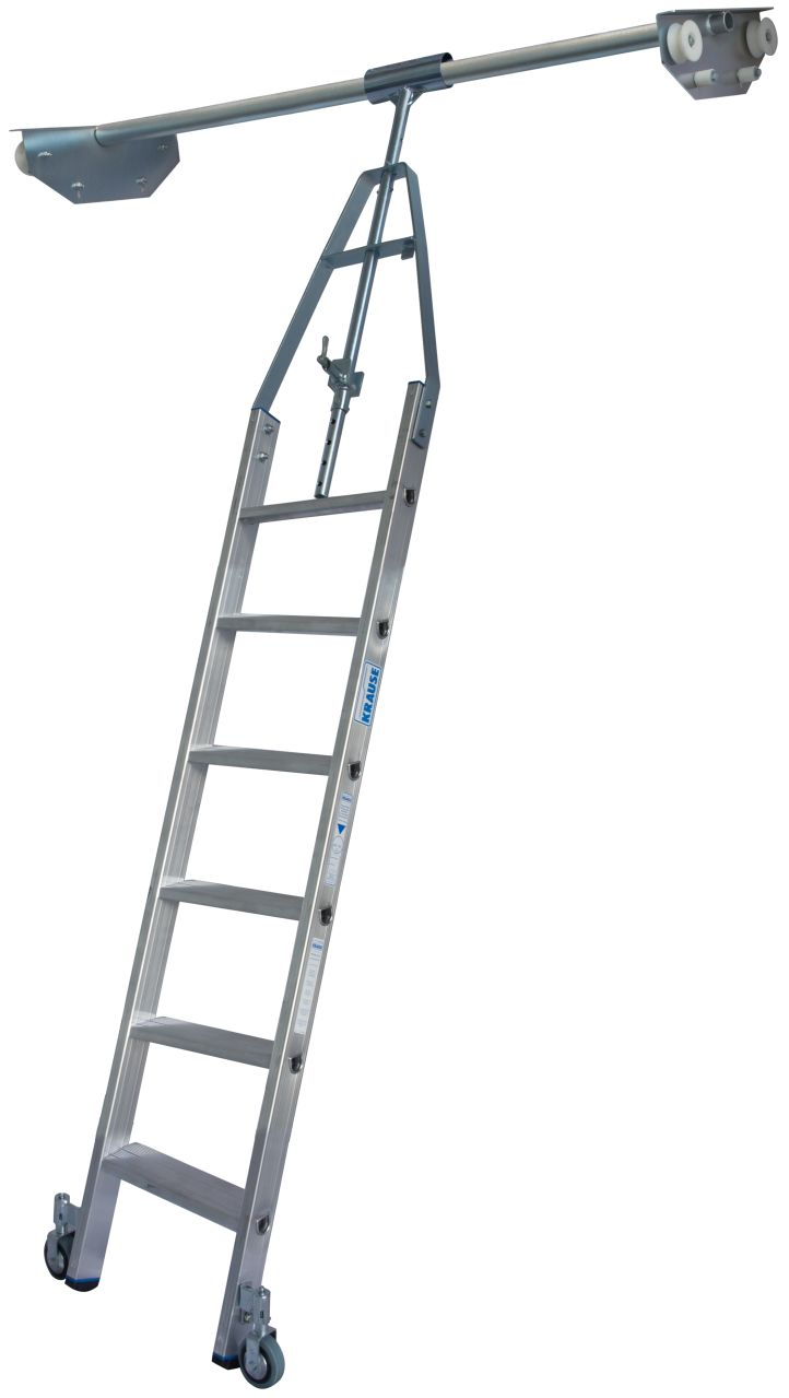 Stufen-Regalleiter für Doppelregal mit Rundrohr-Schienenanlage, 6 Stufen Stufen-RegalLeiter für Doppelregal mit Rundrohr-Schienenanlage, 6 Stufen