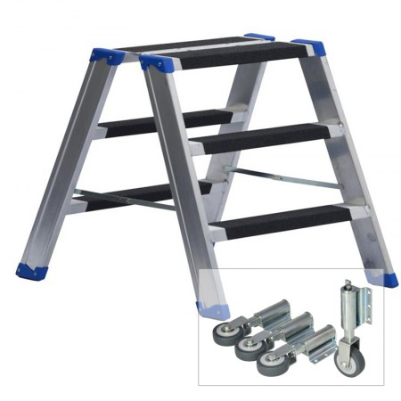 Leiterntritt 420 mm breit mit Antirutschbelag, Stahlgelenk und Federdruckrollen, 2x5 Stufen