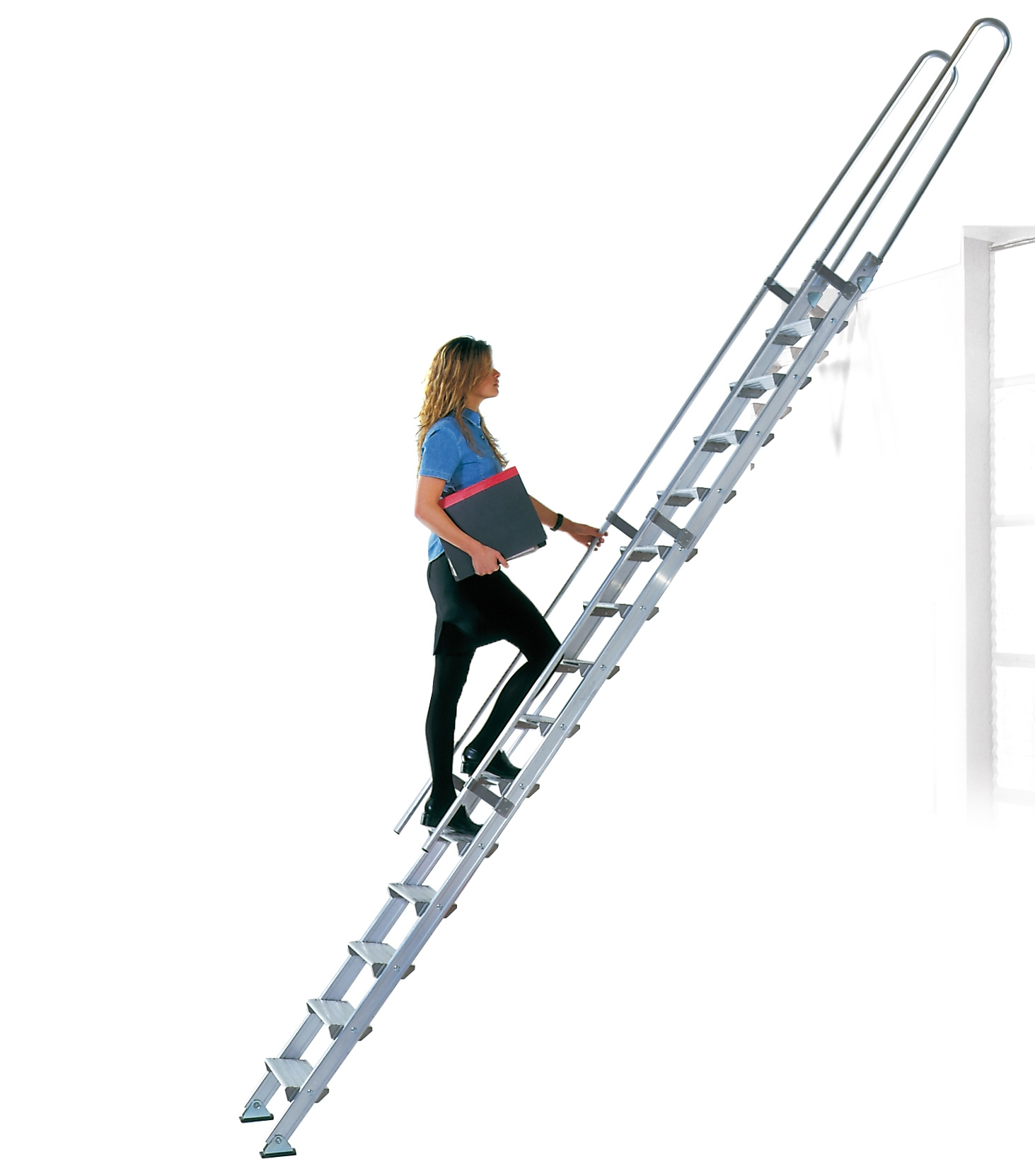 S15/2 Spezialleiter mit schwenkbaren Gelenkfüßen - ohne Traverse Pro Serie 600 Regaleinhängeleiter S15/2 aus Aluminium - mit Traverse (freier Zustand) - 12 Stufen