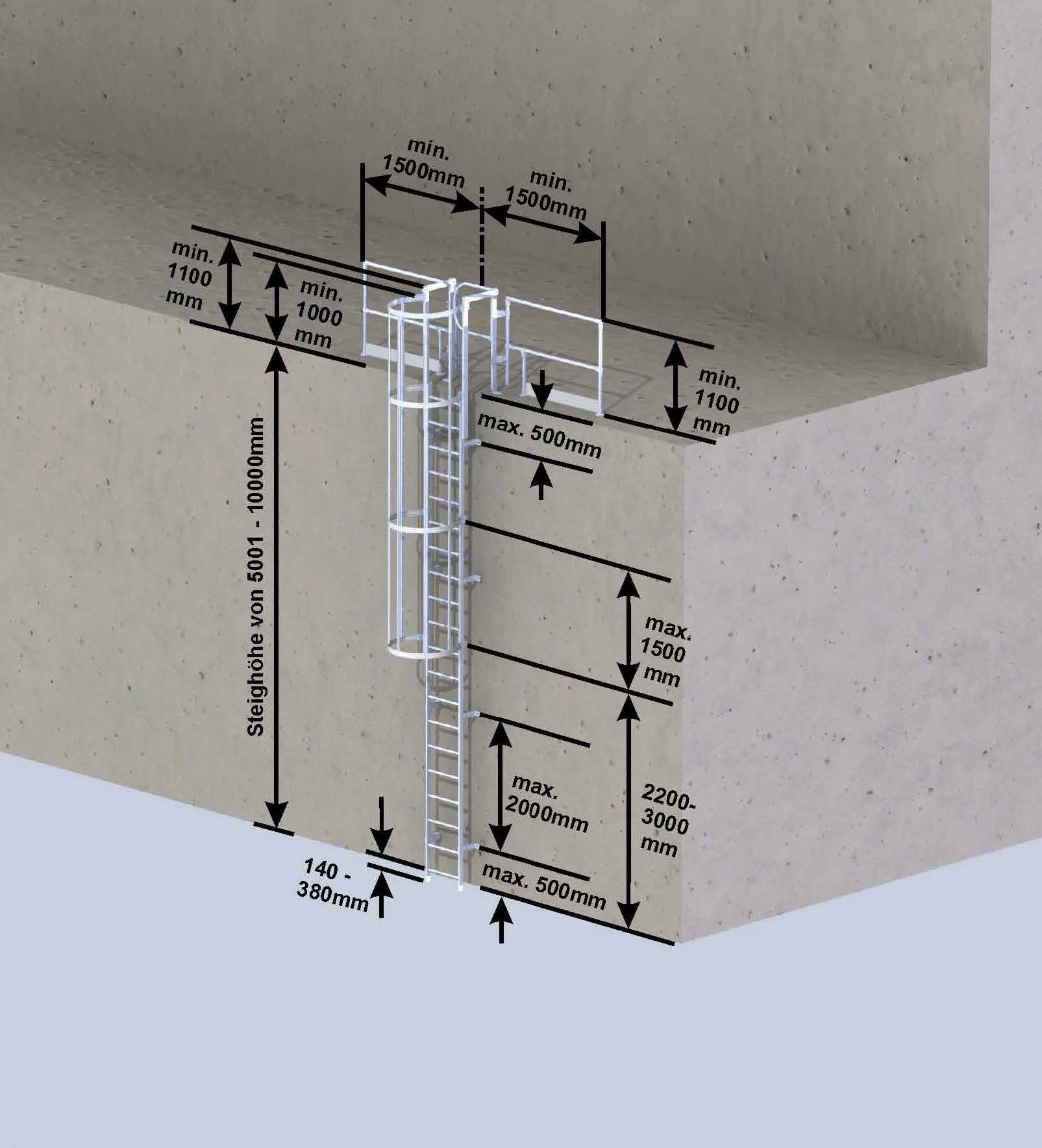 Steigleiter Einzügige Steigleiter mit Rückenschutz, Aluminium blank, Steighöhe 4,76 m