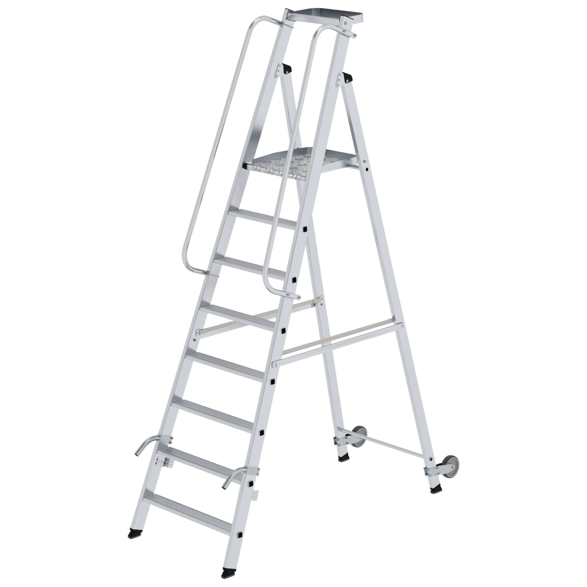 Aluminium-Stehleiter, einseitig begehbar, mit Rollen und Griff, 10 Stufen Aluminium-Stehleiter, einseitig begehbar, mit Rollen und Griff, 10 Stufen