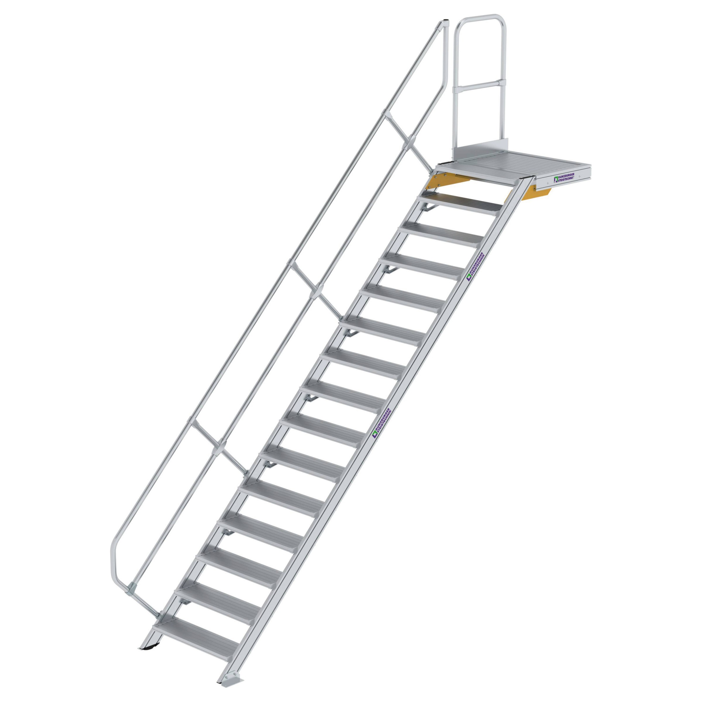 Aluminium-Treppe mit Plattform, 45°, Stufenbreite 800 mm, 10 Stufen