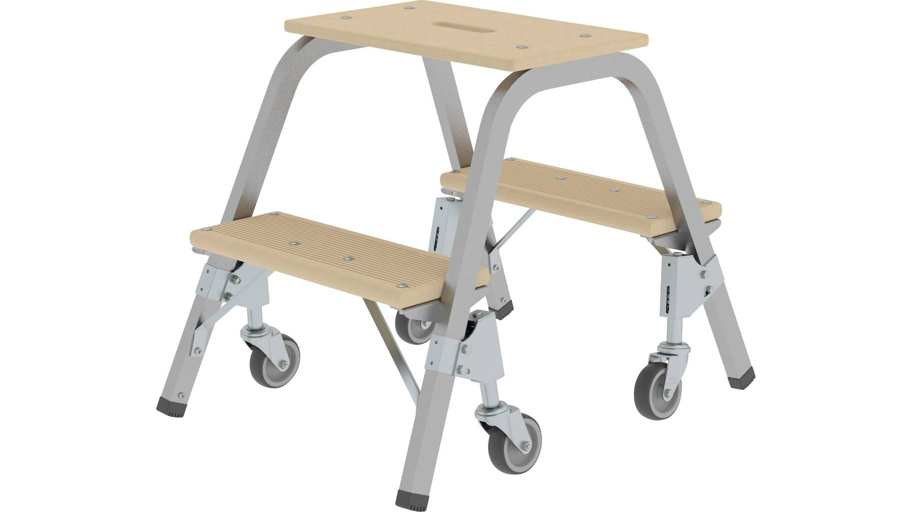 Stahl-Holz-Tritt mit Brems-Lenkrollen, 2,2 Stufen Stahl-Holz-Tritt mit Brems-Lenkrollen 2 Stufen