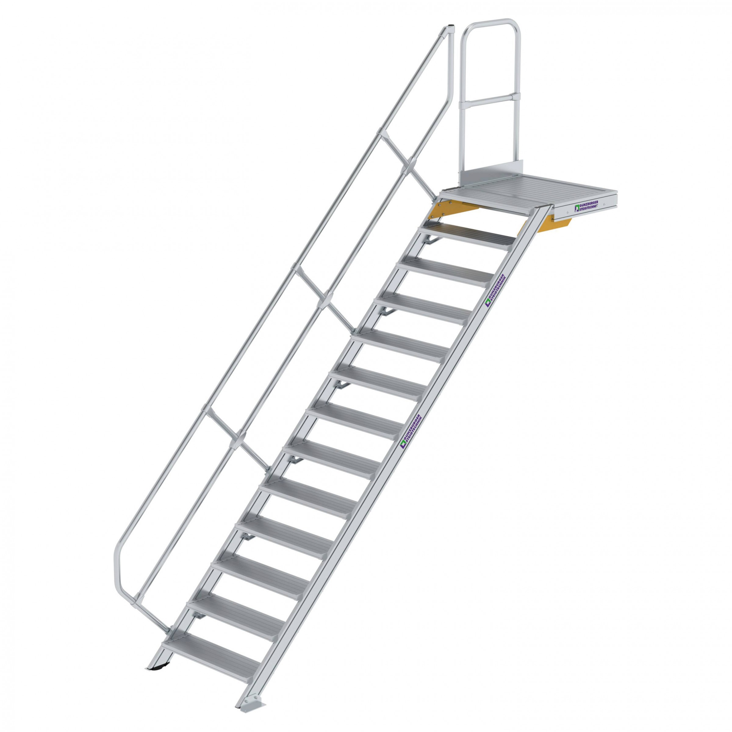 Aluminium-Treppe mit Plattform, 45°, Stufenbreite 800 mm, 10 Stufen