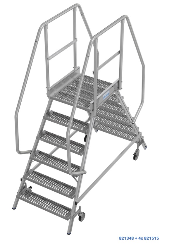 Stabilo Podestleiter fahrbar, beidseitig begehbar,  Profilrost mit R13-Stufen, 2 x 3 Stufen