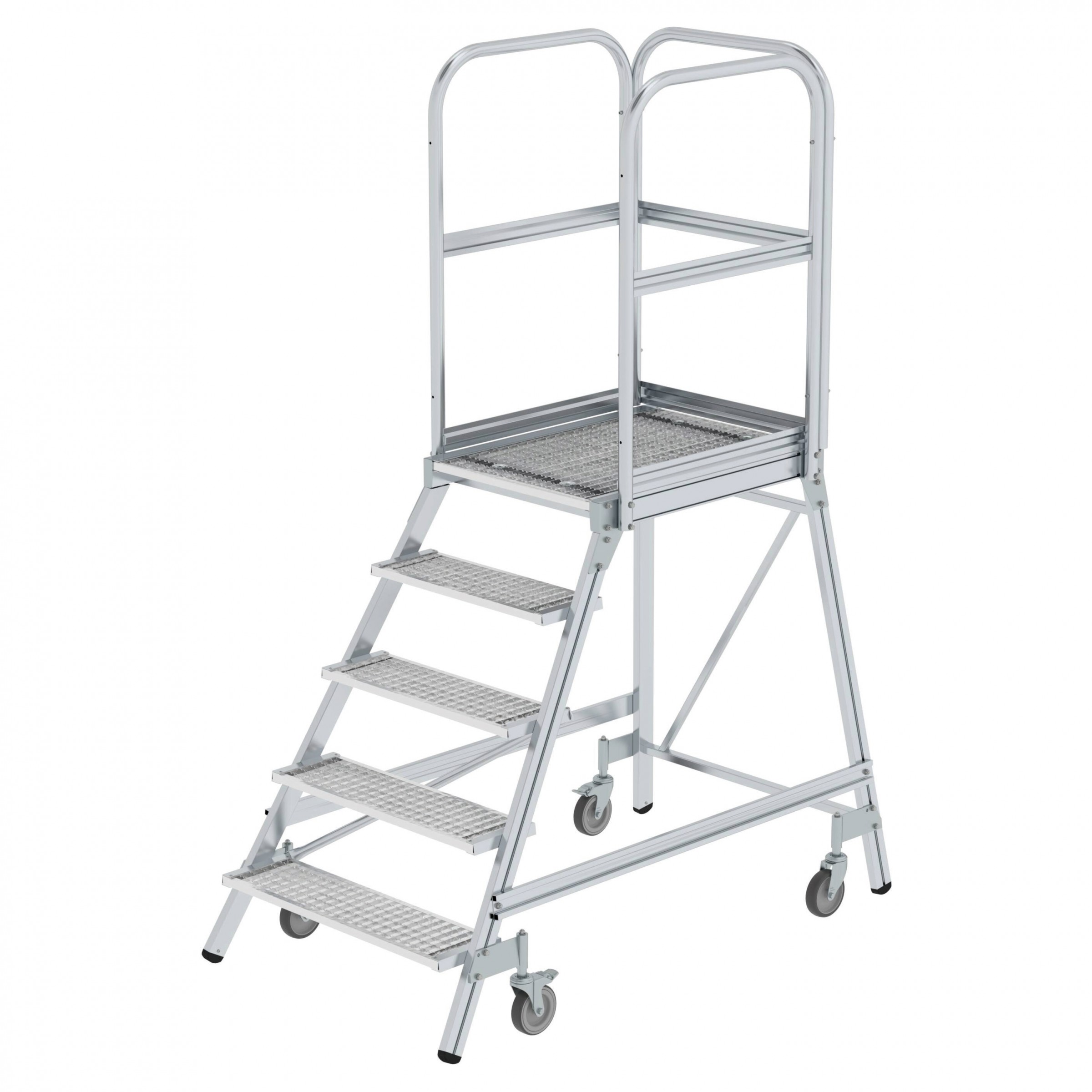 Aluminium-Podestleiter, einseitig begehbar, mit Federrollen, 2 Stufen, Stahl-Gitterrost Aluminium-Podestleiter, einseitig begehbar, mit Federrollen, 2 Stufen, Stahl-Gitterrost