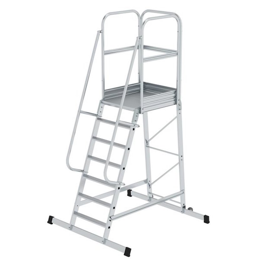 Aluminium-Podesttreppe, einseitig begehbar, fahrbar, 4 Stufen Aluminium-Podesttreppe, einseitig begehbar, fahrbar, 4 Stufen