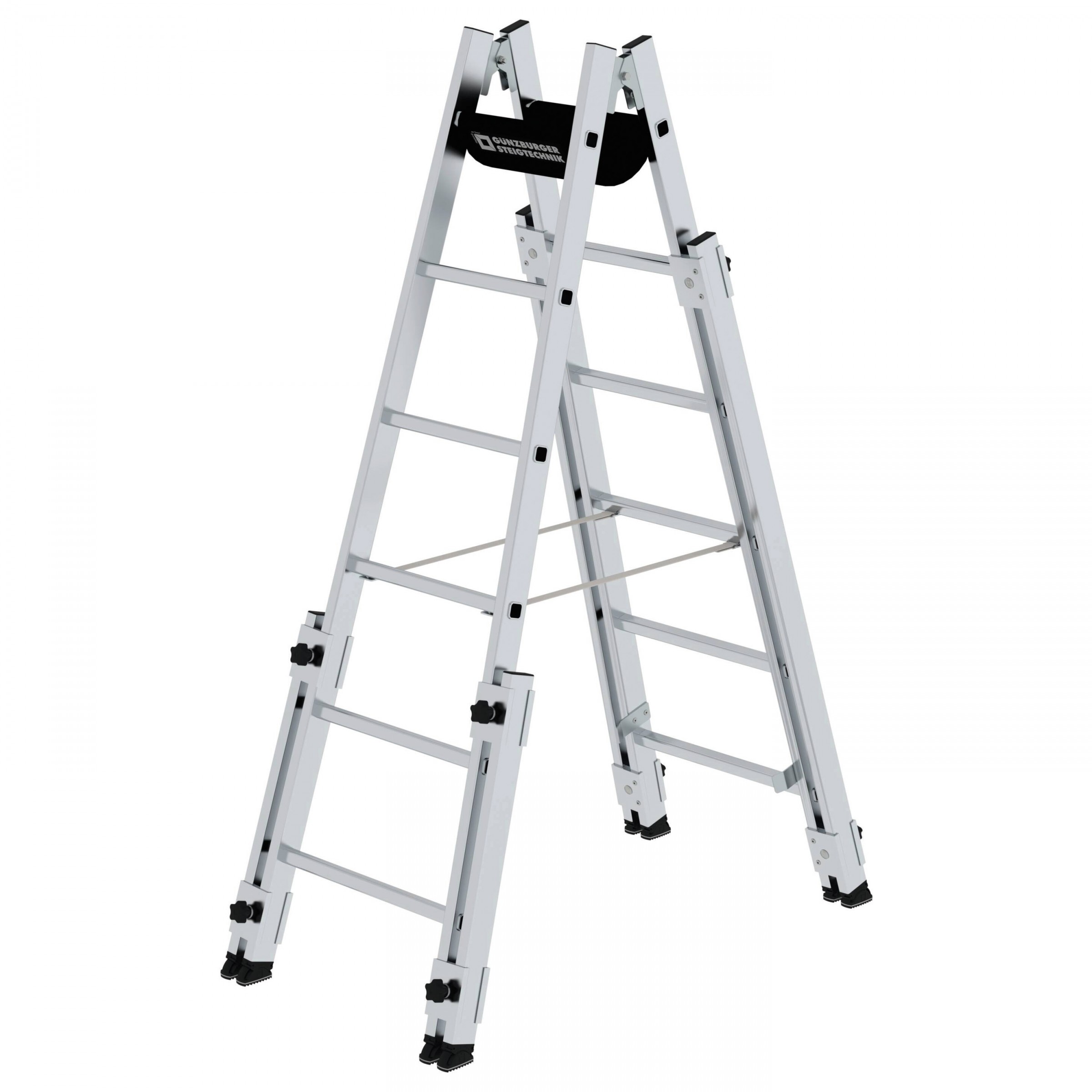 Aluminium-Stehleiter, treppengängig, mit 4 nach unten ausschiebbaren Holmverlängerungen 2x8 Sprossen Aluminium-Stehleiter, treppengängig, mit 4 nach unten ausschiebbaren Holmverlängerungen 2x8 Sprossen