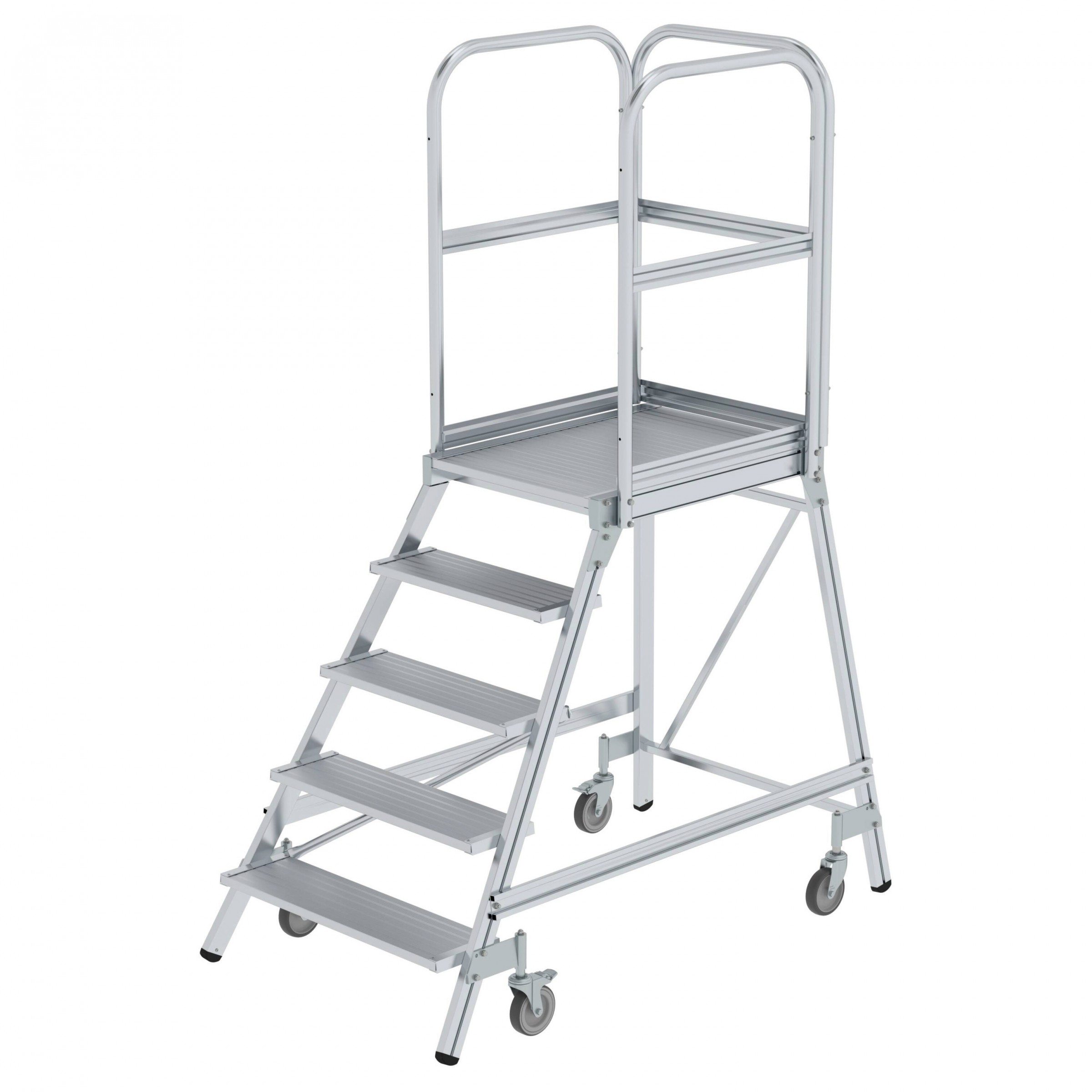 Aluminium-Podestleiter, einseitig begehbar, mit Federrollen, 2 Stufen, Aluminium geriffelt Aluminium-Podestleiter, einseitig begehbar, mit Federrollen, 2 Stufen, Aluminium geriffelt