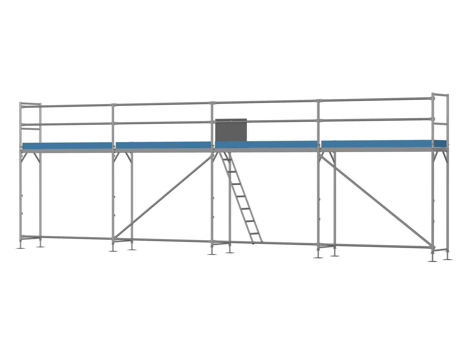Alu Traufseitengerüst 40 qm - 2,5 m Felder - 10 m lang - 4 m Arbeitshöhe, inkl. Aufstieg, Befestigung und Bordbretter