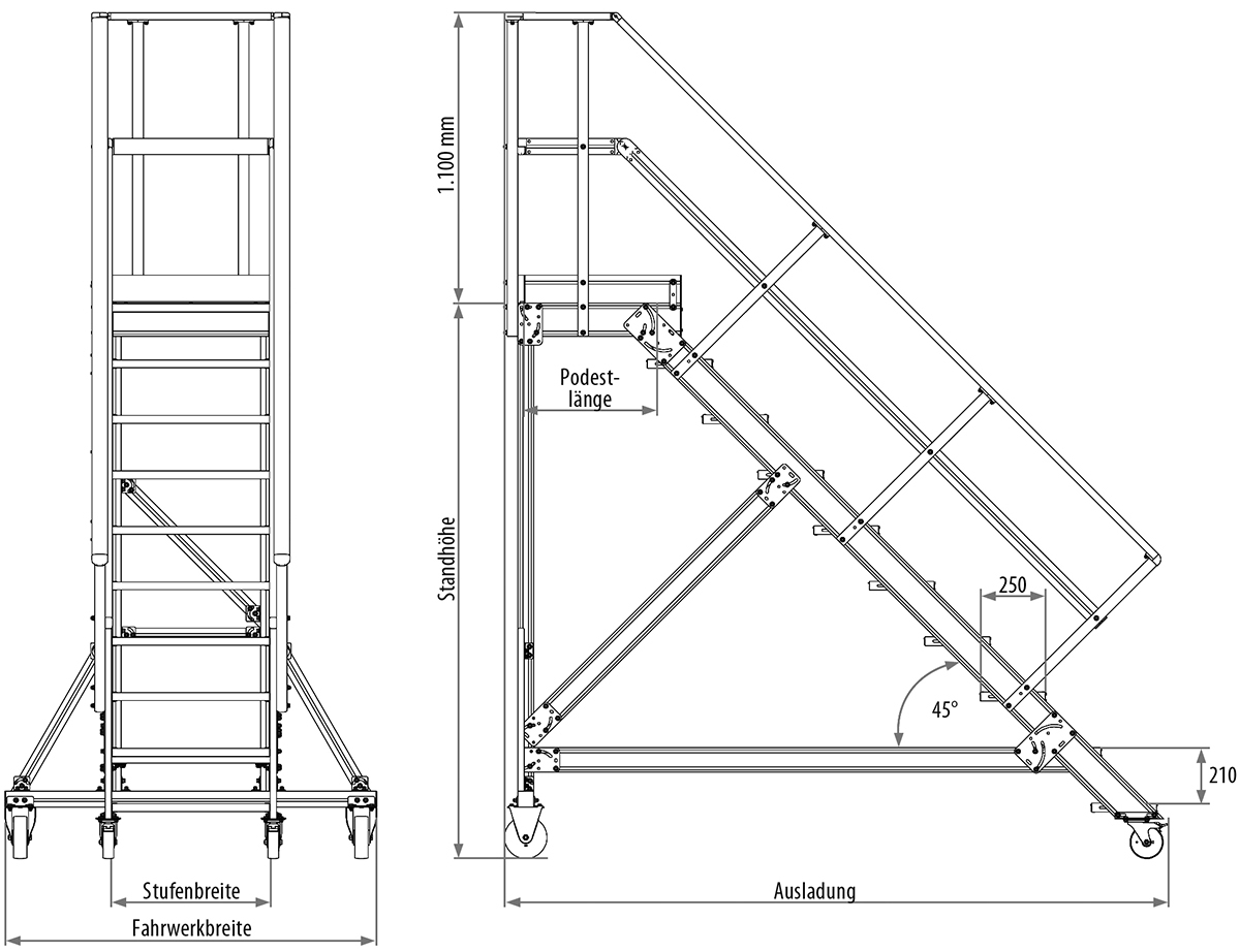 Podesttreppe fahrbar, Treppenneigung 45°, Stufenbreite 800 mm - 4 Stufen