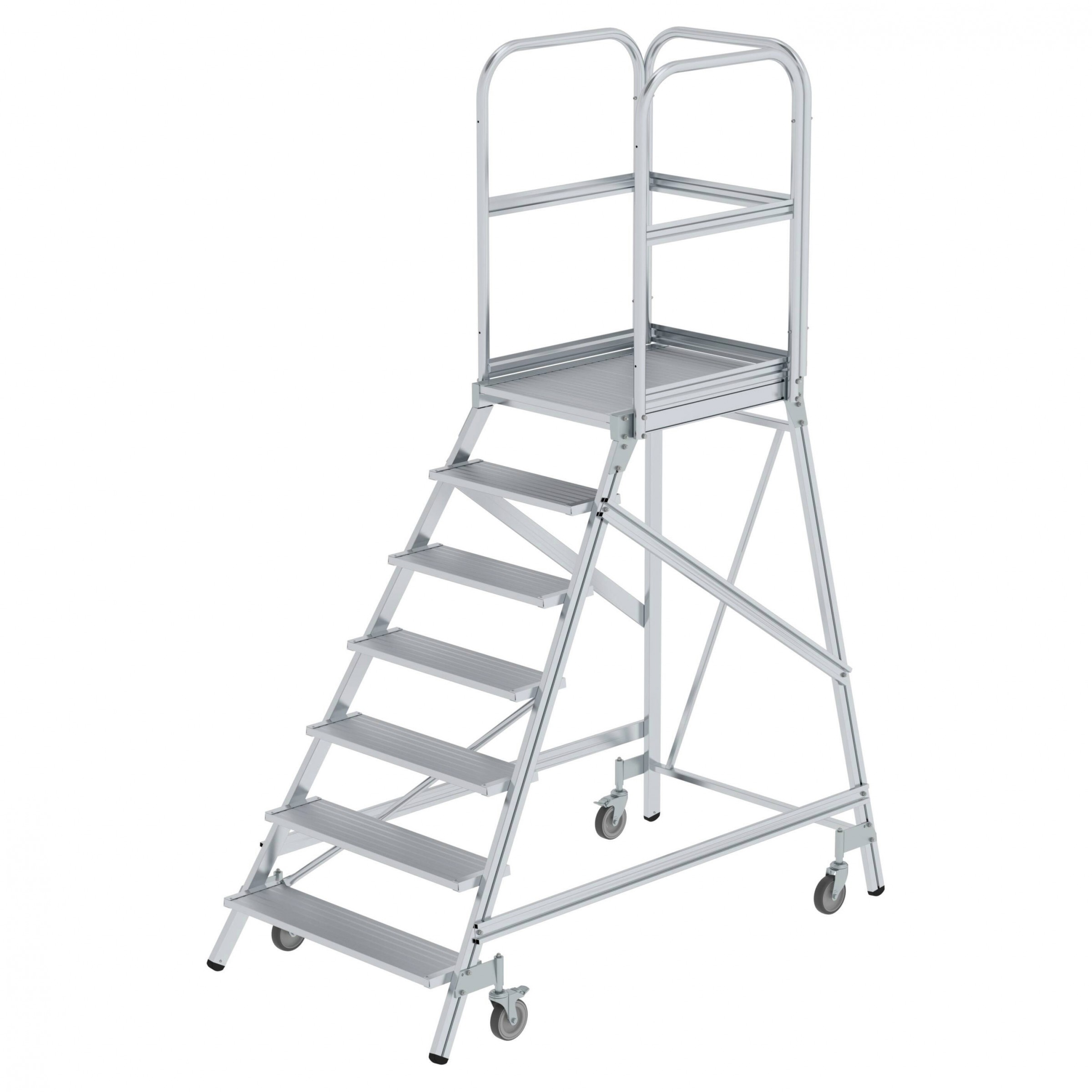 Aluminium-Podestleiter, einseitig begehbar, mit Federrollen, 2 Stufen, Aluminium geriffelt Aluminium-Podestleiter, einseitig begehbar, mit Federrollen, 2 Stufen, Aluminium geriffelt