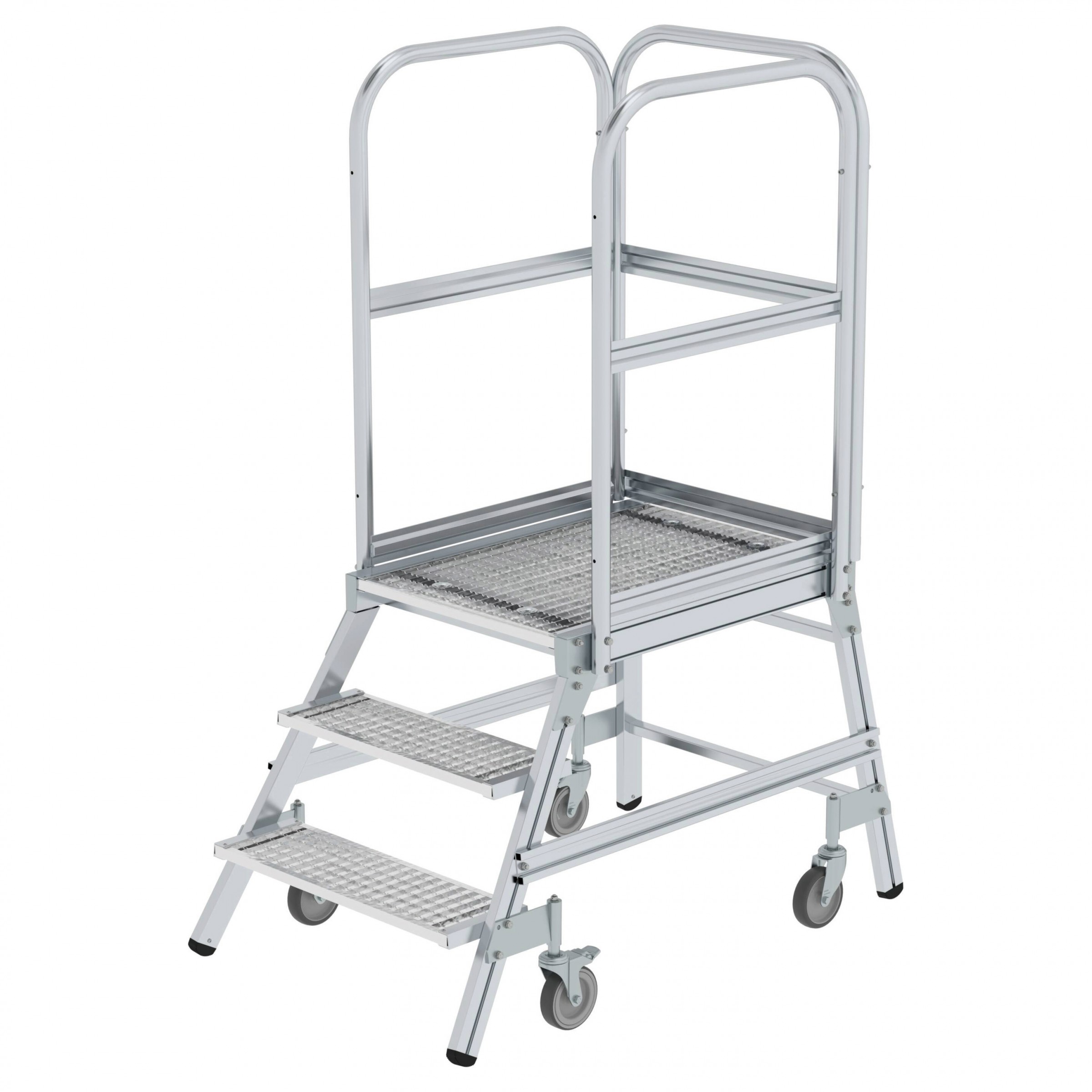 Aluminium-Podestleiter, einseitig begehbar, mit Federrollen, 2 Stufen, Stahl-Gitterrost Aluminium-Podestleiter, einseitig begehbar, mit Federrollen, 2 Stufen, Stahl-Gitterrost