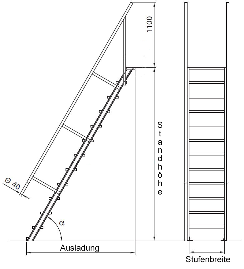 Euroline 60° Treppe , 1000 mm Stufenbreite Treppe, 60° Steigwinkel, 1000 mm Stufenbreite, Alu gerieft, 5 Stufen
