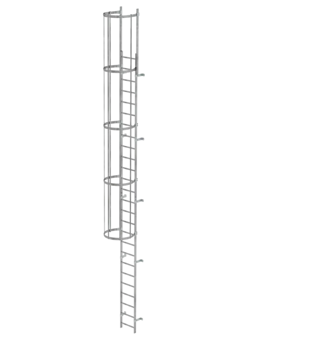 Einzügige Steigleiter mit Rückenschutz, Aluminium blank, Steighöhe 4,76 m Einzügige Steigleiter mit Rückenschutz, Aluminium blank, Steighöhe 4,76 m