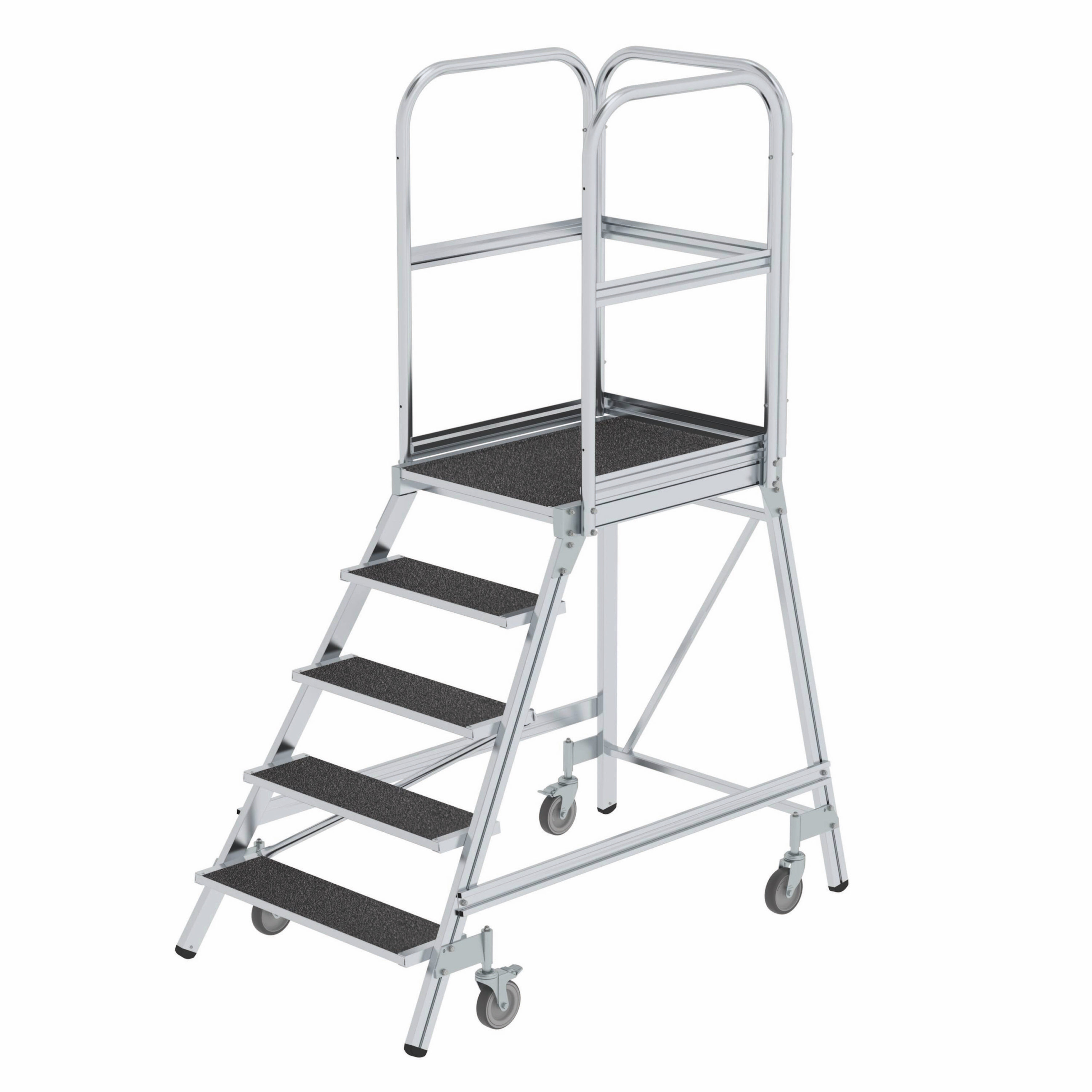 Aluminium-Podestleiter, einseitig begehbar, mit Federrollen, Korundbeschichtung R 13