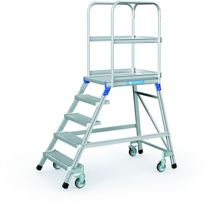 Podesttreppe, fahrbar, einseitig begehbar mit Stahl-Gitterrost-Stufen 3 Sprossen/Stufen
