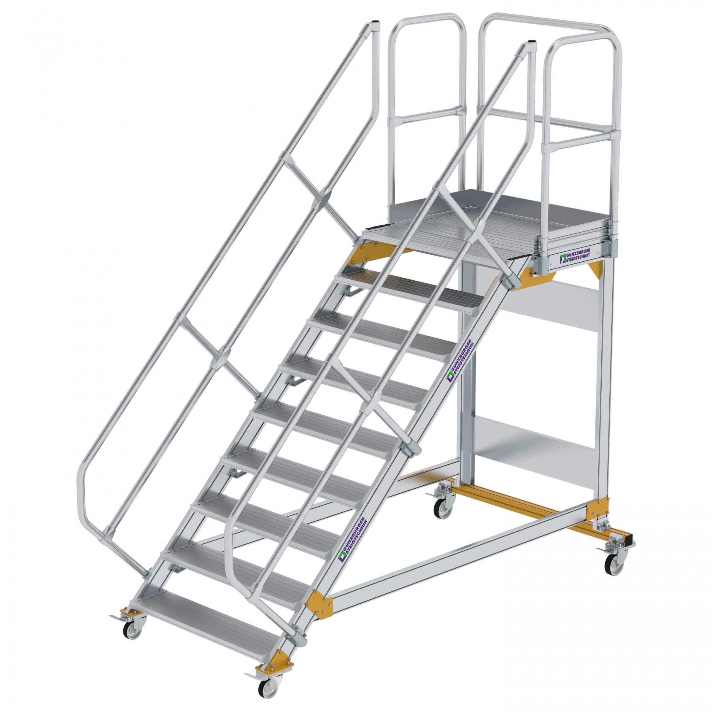 Aluminium-Plattform-Treppe fahrbar 45°, Stufenbreite 1000 mm, 10 Stufen