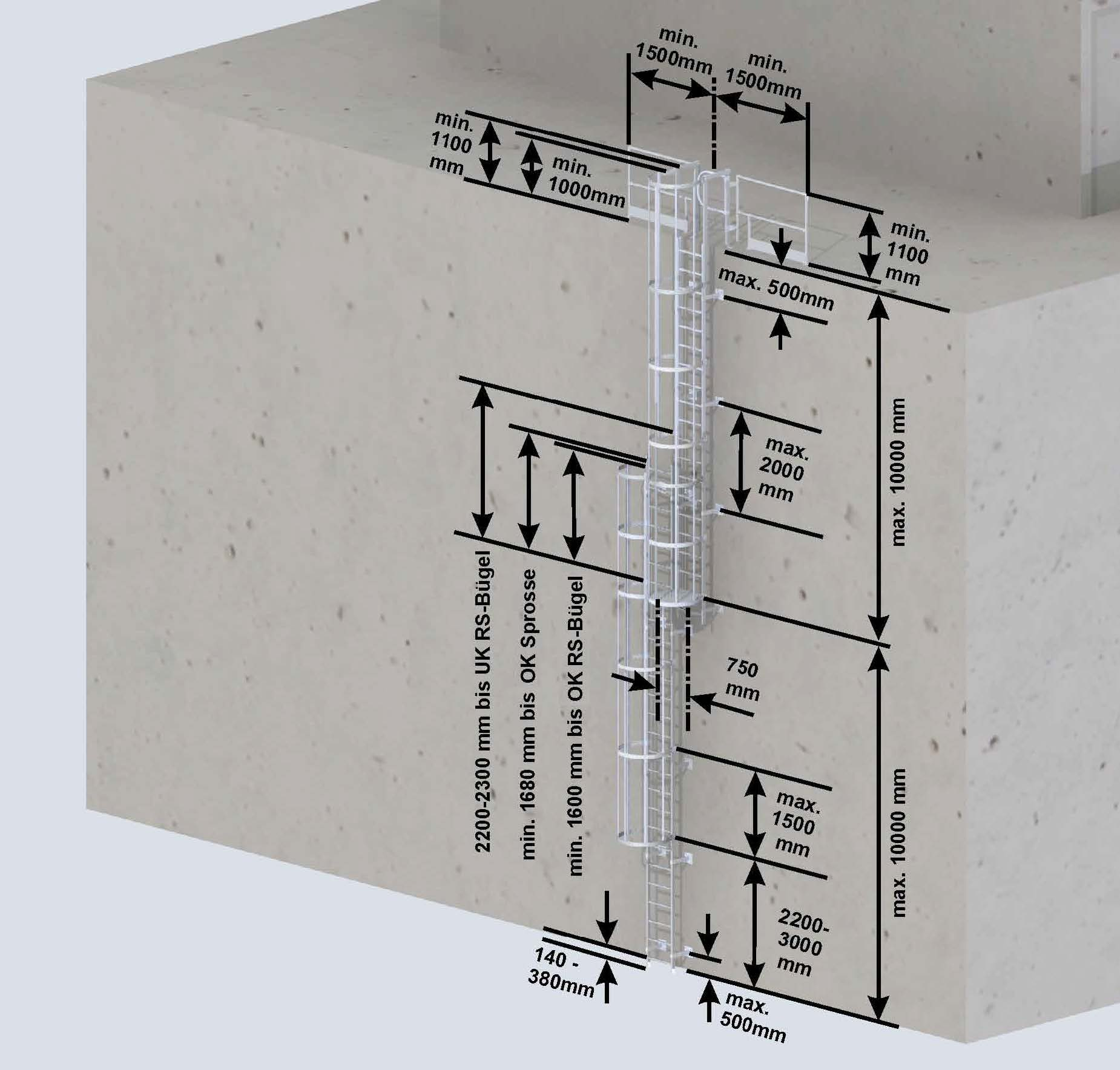 Einzügige Steigleiter mit Rückenschutz, Aluminium eloxiert, Steighöhe 4,76 m