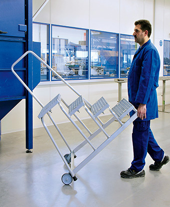 Aluminium-Arbeitspodest, starr Stahl-Gitterrost mit Rollen und  Handlauf, 3 Stufen