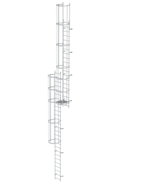 Mehrzügige Steigleiter mit Rückenschutz, Notleiter, Aluminium blank, Steighöhe 10,92 m Mehrzügige Steigleiter mit Rückenschutz, Notleiter, Aluminium blank, Steighöhe 10,92 m