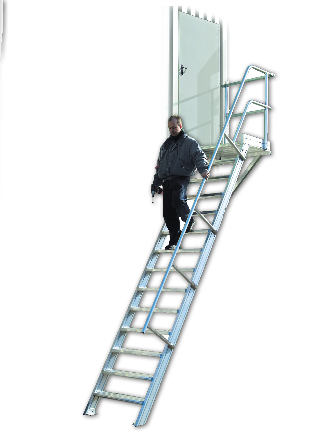 Euroline 60° Podesttreppe ,1000 mm Stufenbreite Podesttreppe, 60° Steigwinkel, 1000 mm Stufenbreite, Alu gerieft, 9 Stufen