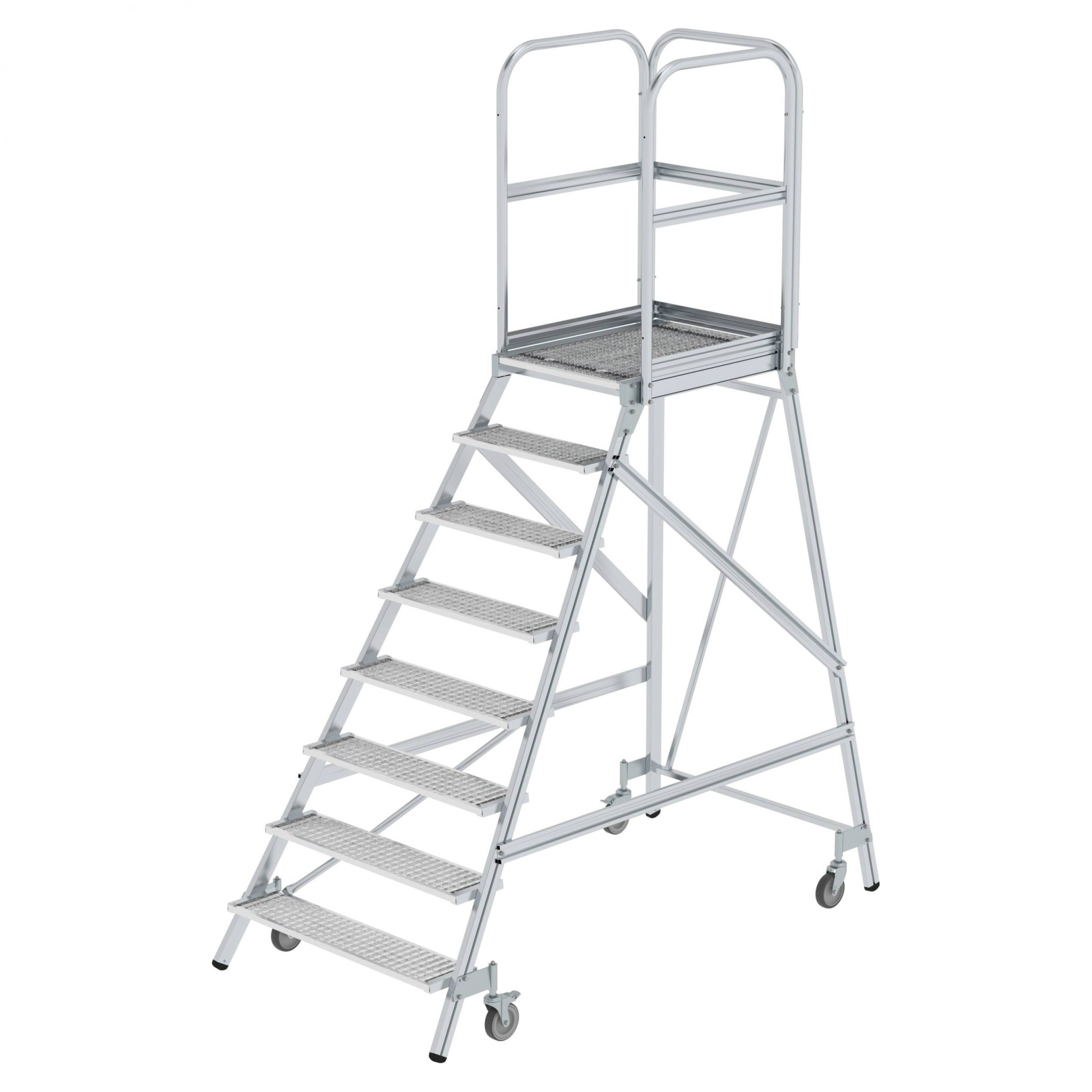 Aluminium-Podestleiter, einseitig begehbar, mit Federrollen, 2 Stufen, Stahl-Gitterrost Aluminium-Podestleiter, einseitig begehbar, mit Federrollen, 2 Stufen, Stahl-Gitterrost