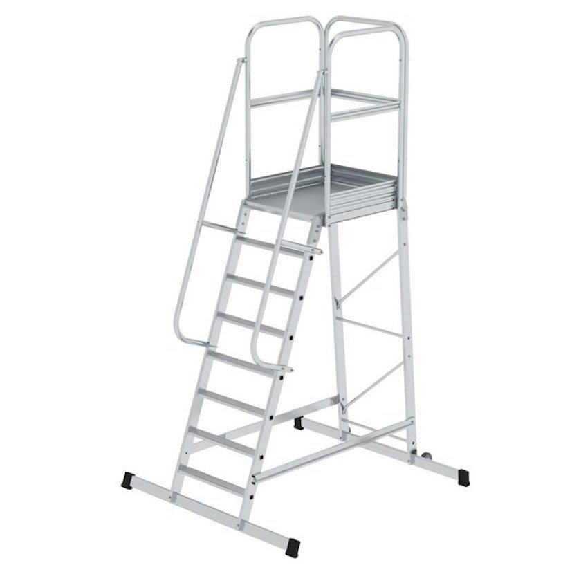 Aluminium-Podesttreppe, einseitig begehbar, fahrbar, 4 Stufen Aluminium-Podesttreppe, einseitig begehbar, fahrbar, 4 Stufen