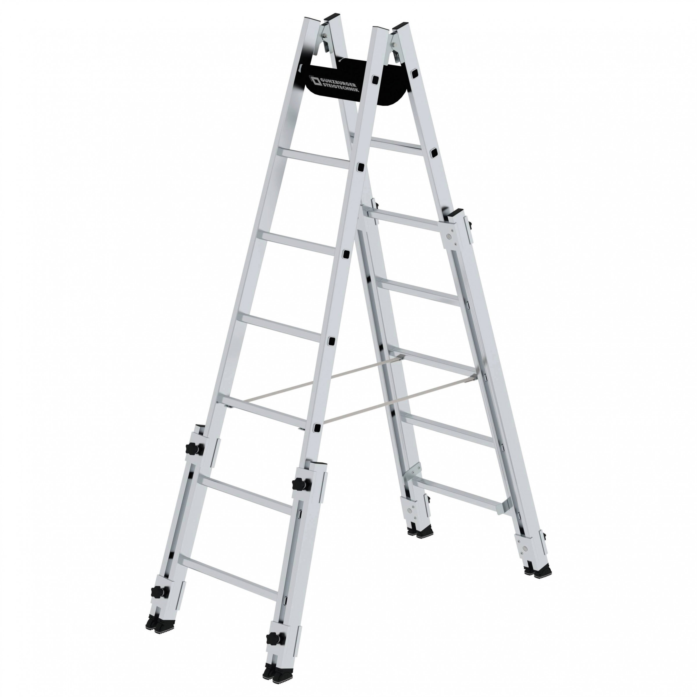 Aluminium-Stehleiter, treppengängig, mit 4 nach unten ausschiebbaren Holmverlängerungen 2x8 Sprossen Aluminium-Stehleiter, treppengängig, mit 4 nach unten ausschiebbaren Holmverlängerungen 2x8 Sprossen