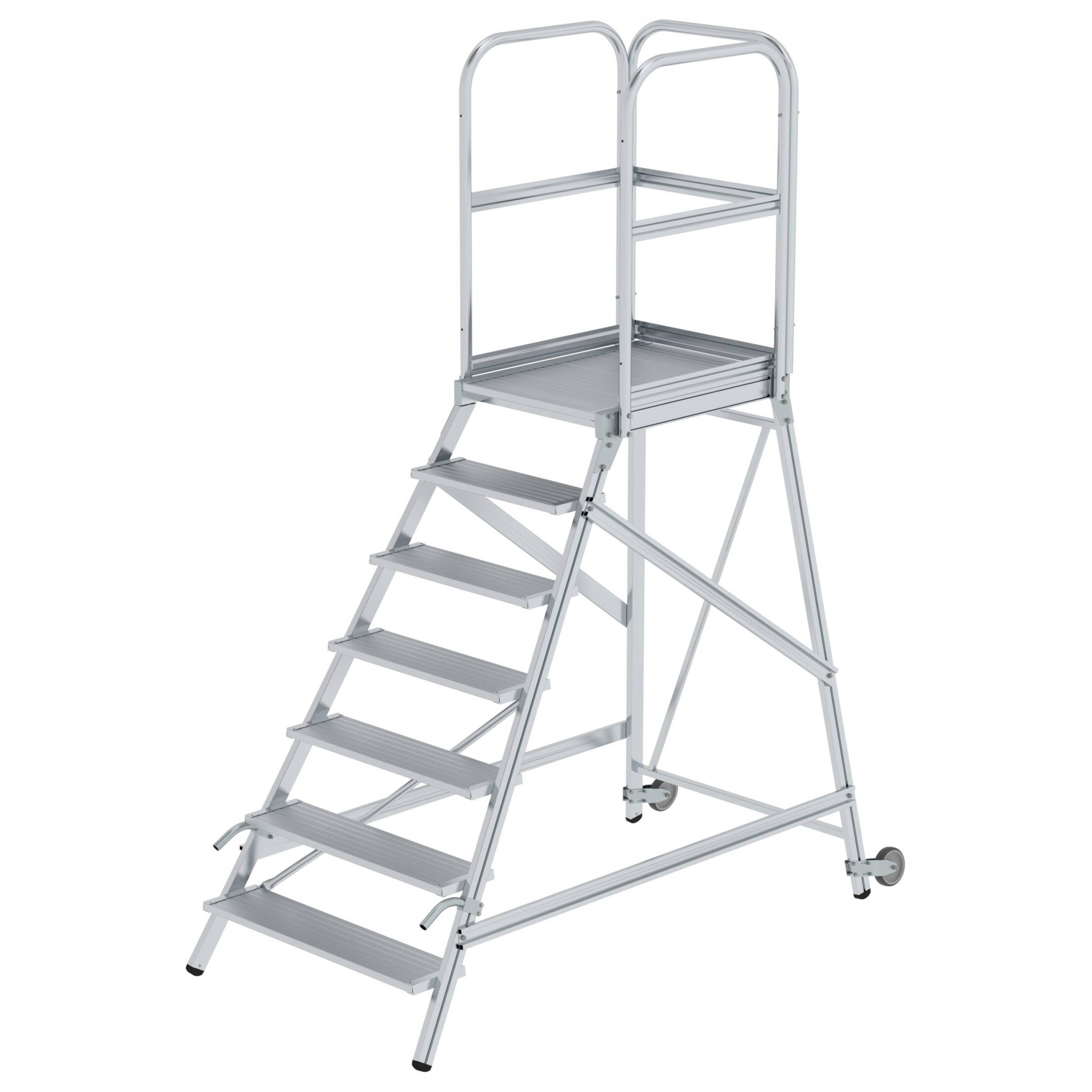Aluminium-Podestleiter, einseitig begehbar, mit Rollen und Griff, Aluminium geriffelt, 3 Stufen Aluminium-Podestleiter, einseitig begehbar, mit Rollen und Griff, Aluminium geriffelt, 3 Stufen