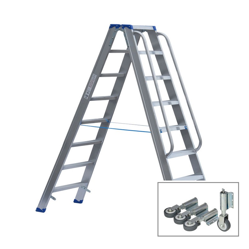 Stufenstehleiter beidseitig begehbar mit Federdruckrollen, Aussteifungsstreben, Handlauf links und rechts auf einer Seite und Antirutschbelag, 2x6 Stufen