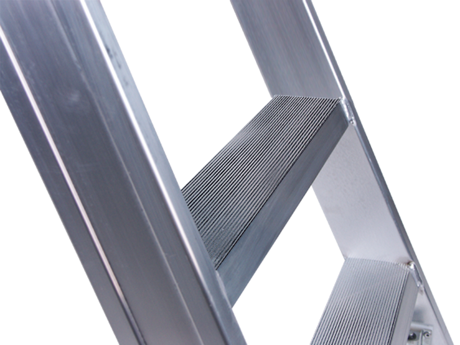 80mm tiefe, 4-fach verschweißte, rutschsichere Stufe Ernst, Leiterntritt 600 mm breit mit Stahlgelenken und Federdruckrollen, 2x3 Stufen