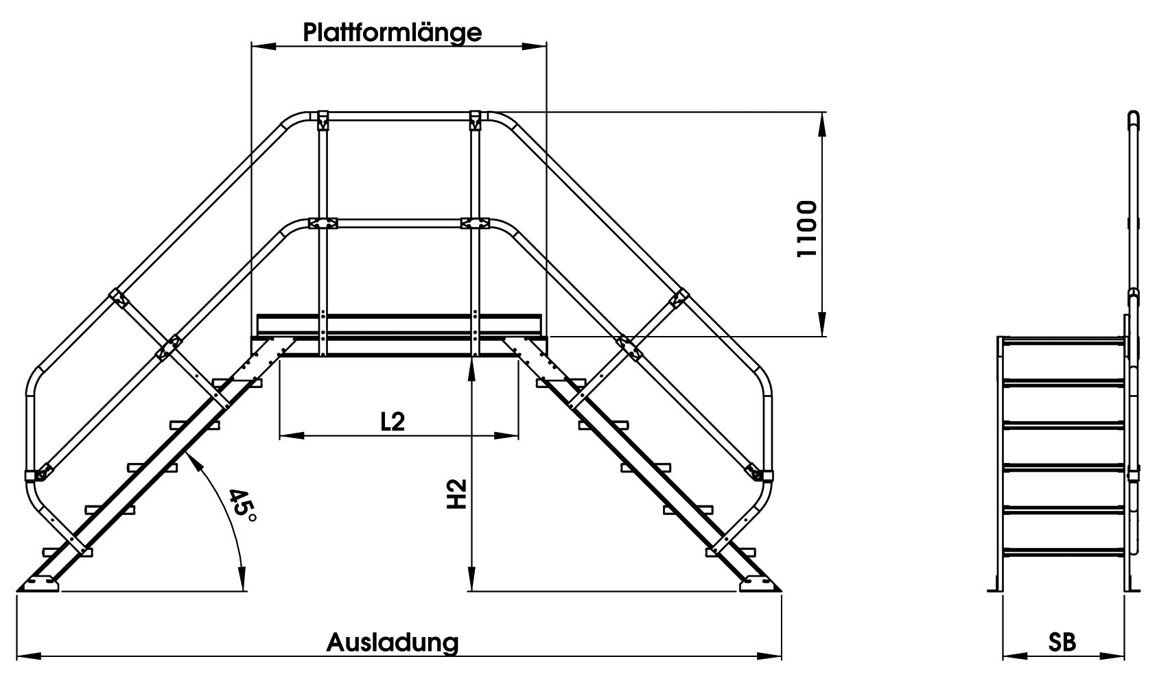 Aluminium-Überstieg 45°, Stufenbreite 600 mm, 3 Stufen