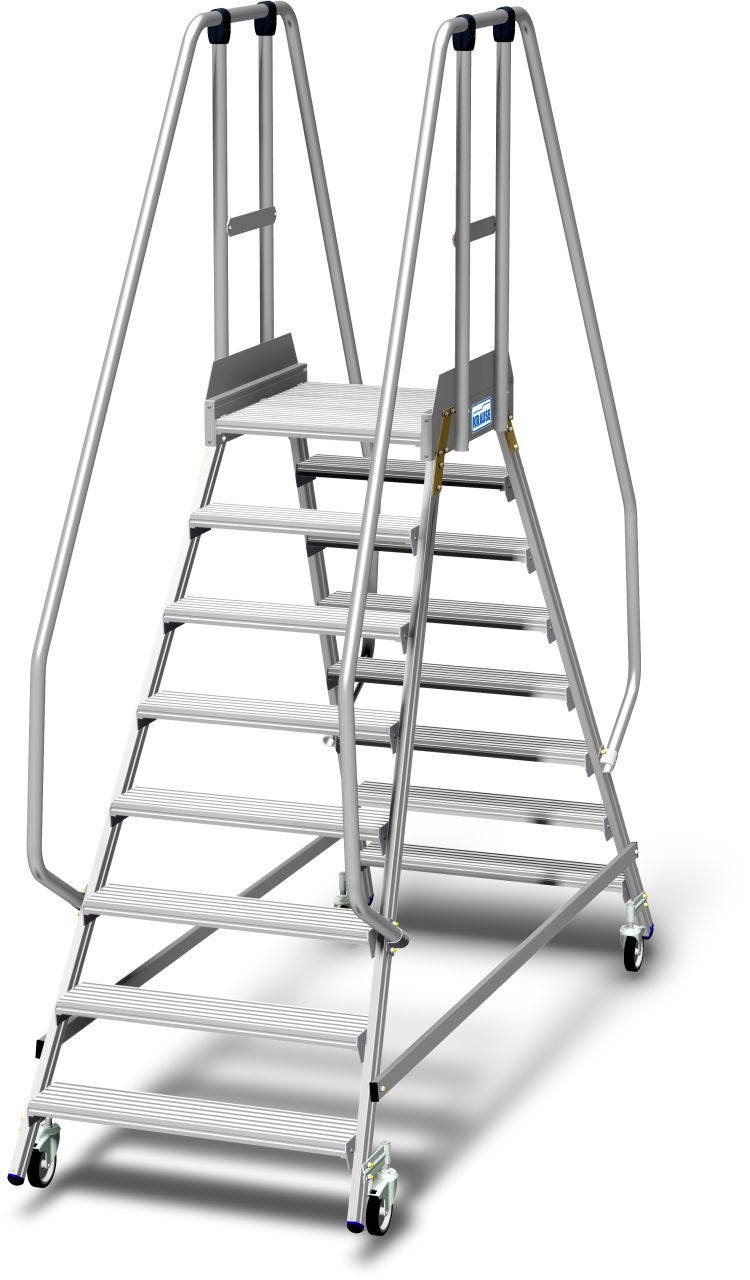 Podestleiter fahrbar, beidseitig begehbar mit Fußleiste und extra hohem Handlauf, 2x8 Stufen
