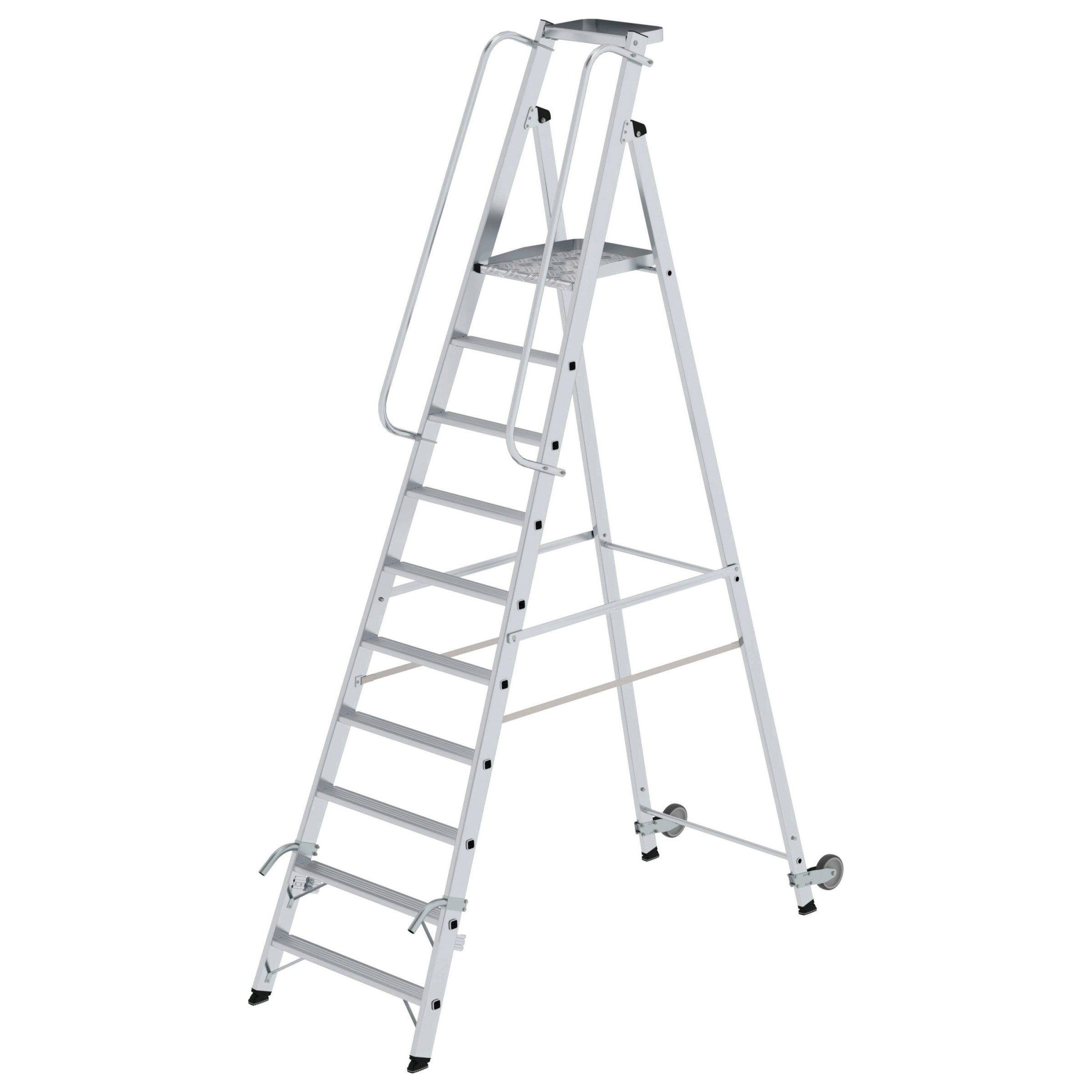 Aluminium-Stehleiter, einseitig begehbar, mit Rollen und Griff, 10 Stufen Aluminium-Stehleiter, einseitig begehbar, mit Rollen und Griff, 10 Stufen