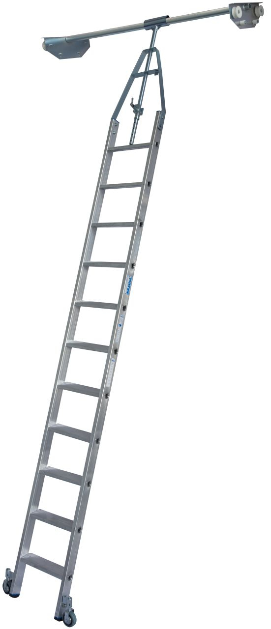 Stufen-Regalleiter für Doppelregal mit Rundrohr-Schienenanlage, 11 Stufen Stufen-RegalLeiter für Doppelregal mit Rundrohr-Schienenanlage, 6 Stufen