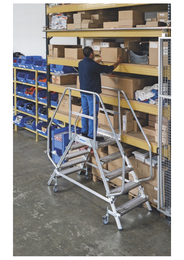 Stabilo Podestleiter fahrbar, beidseitig begehbar, Profilrost mit R13-Stufen, 2 x 3 Stufen Stabilo Podestleiter fahrbar, beidseitig begehbar, Profilrost mit R13-Stufen, 2 x 3 Stufen