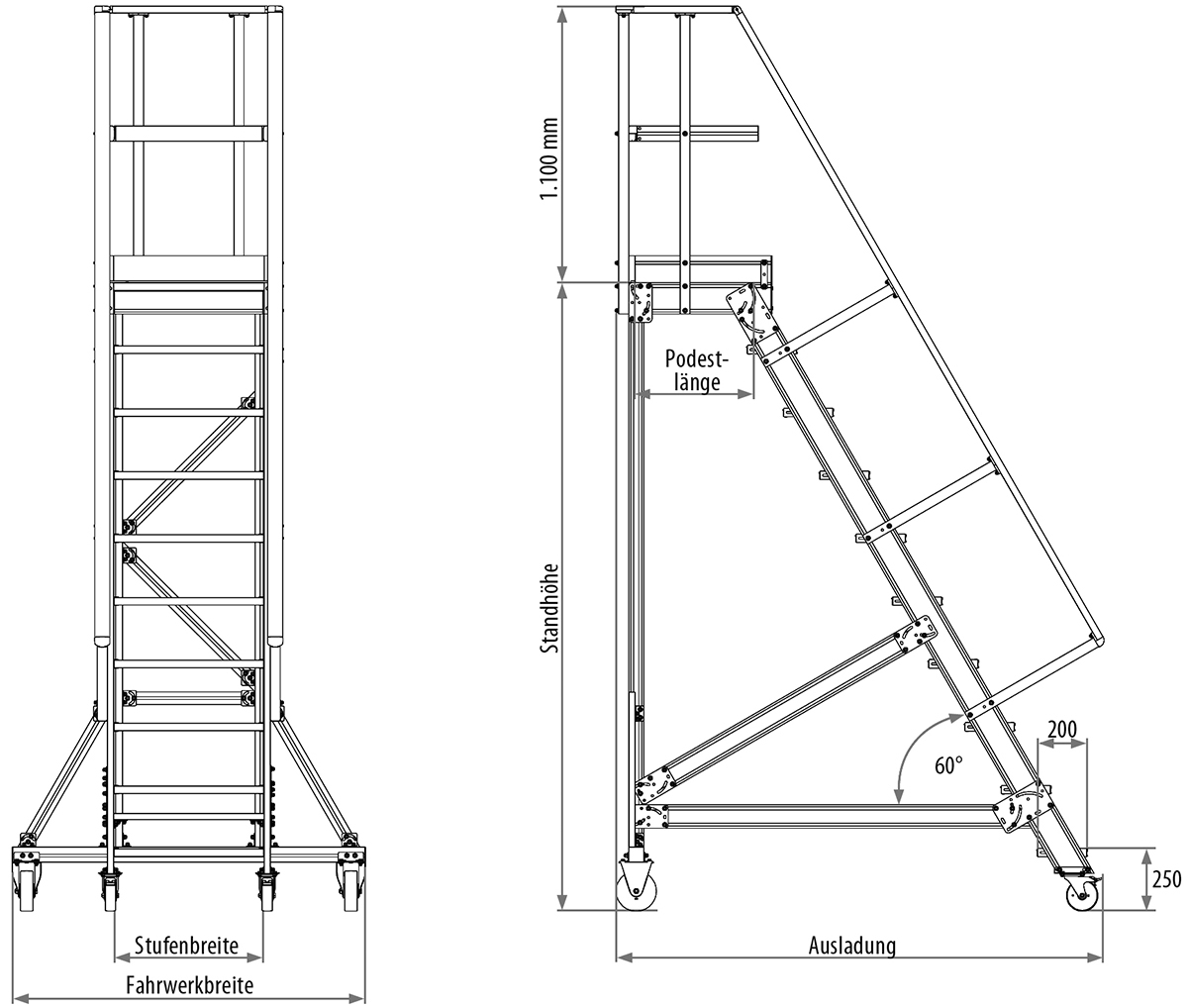 Podesttreppe fahrbar, Treppenneigung 60°, Stufenbreite 600 mm - 5 Stufen