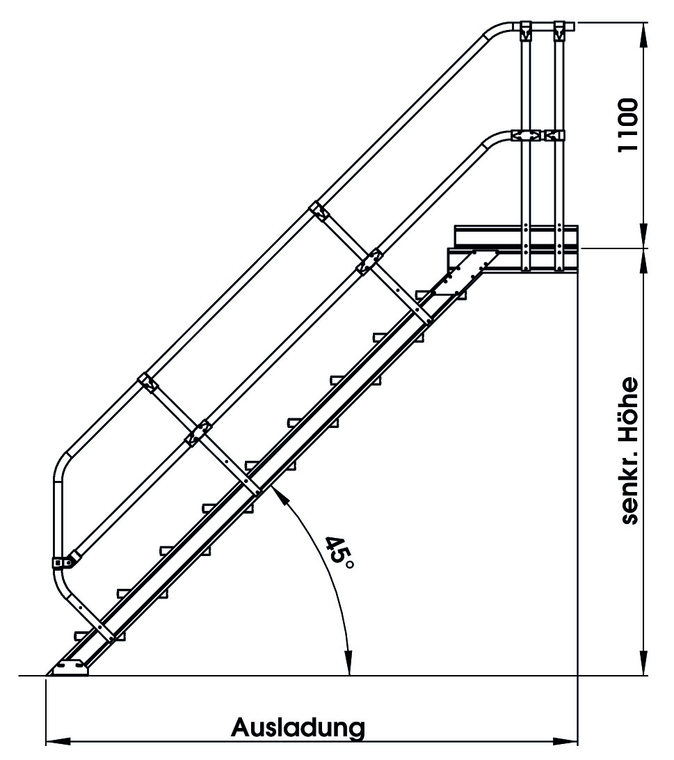 Aluminium-Treppe mit Plattform, 45°, Stufenbreite 1000 mm Aluminium-Treppe mit Plattform, 45°, Stufenbreite 1000 mm, 5 Stufen