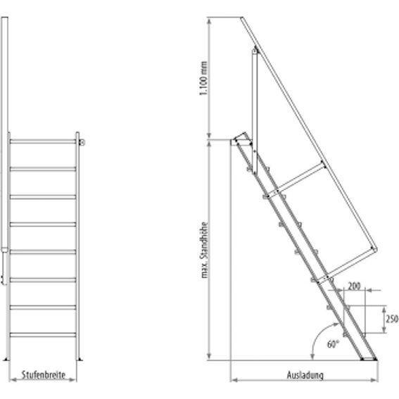 Treppenleiter stationär ohne Podest, Treppenneigung 60°, Stufenbreite 800 mm - 4 Stufen