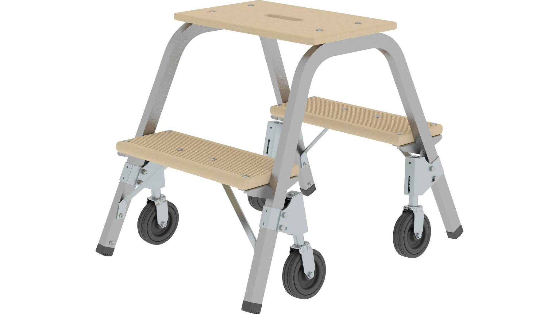 Stahl-Holz-Tritt mit Brems-Bockrollen, 2x2 Stufen Stahl-Holz-Tritt mit Brems-Bockrollen 2 Stufen