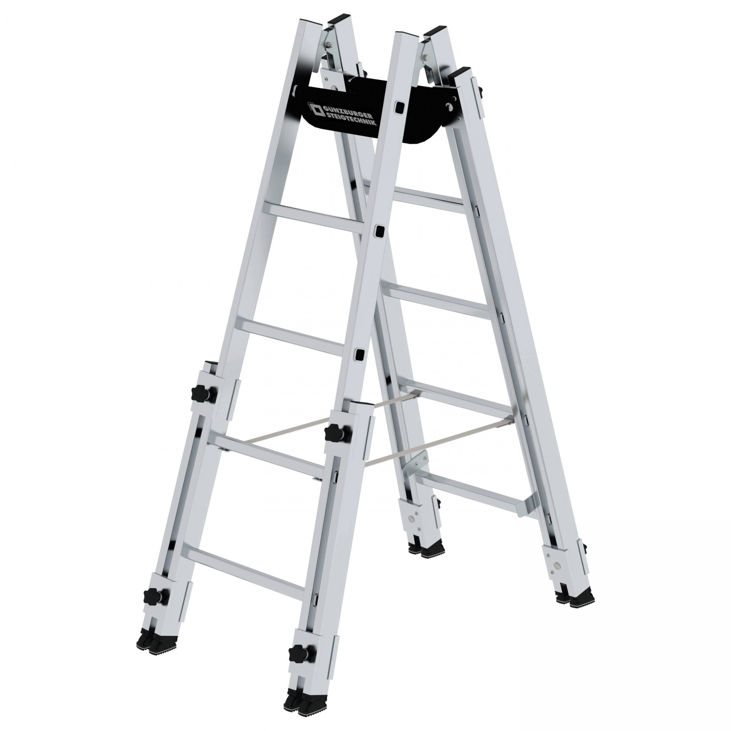 Aluminium-Stehleiter, treppengängig, mit 4 nach unten ausschiebbaren Holmverlängerungen 2x8 Sprossen Aluminium-Stehleiter, treppengängig, mit 4 nach unten ausschiebbaren Holmverlängerungen 2x8 Sprossen