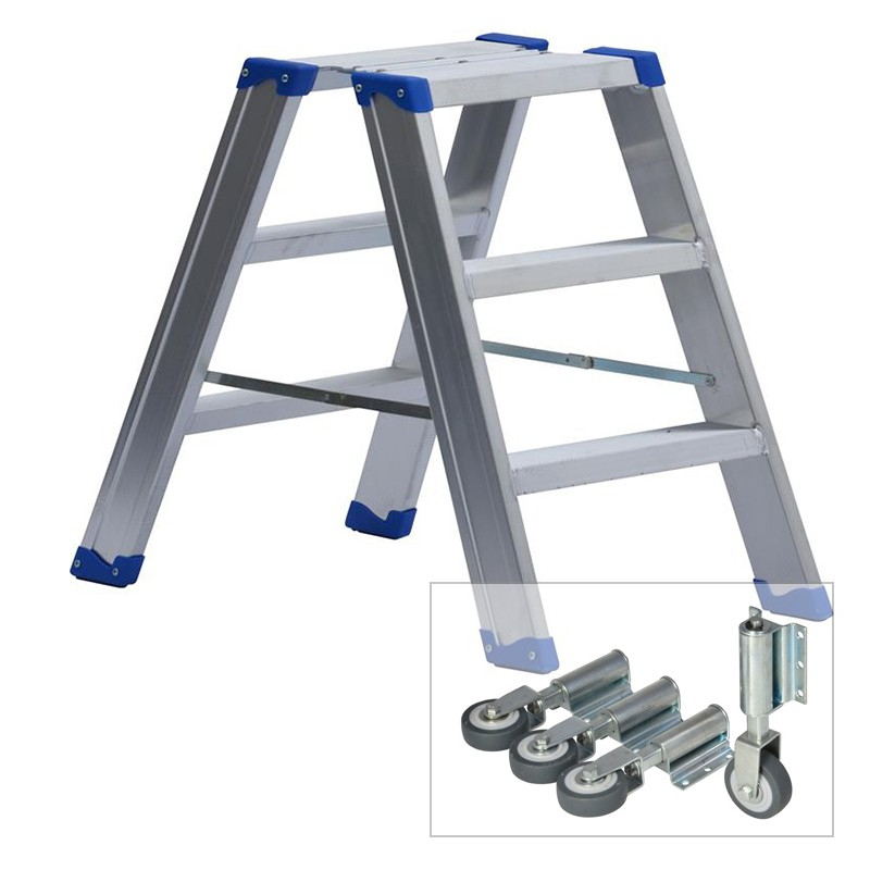 Leiterntritt 420 mm breit mit Stahlgelenken und Federdruckrollen, 2x3 Stufen