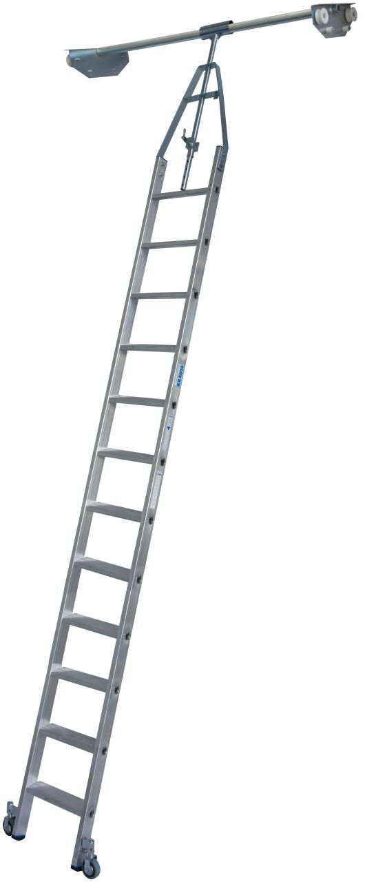 Stufen-Regalleiter für Doppelregal mit Rundrohr-Schienenanlage, 12 Stufen Stufen-RegalLeiter für Doppelregal mit Rundrohr-Schienenanlage, 6 Stufen