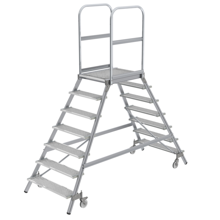 Aluminium-Podestleiter, beidseitig begehbar, 2x8 Stufen Aluminium-Podestleiter, beidseitig begehbar, 2x8 Stufen