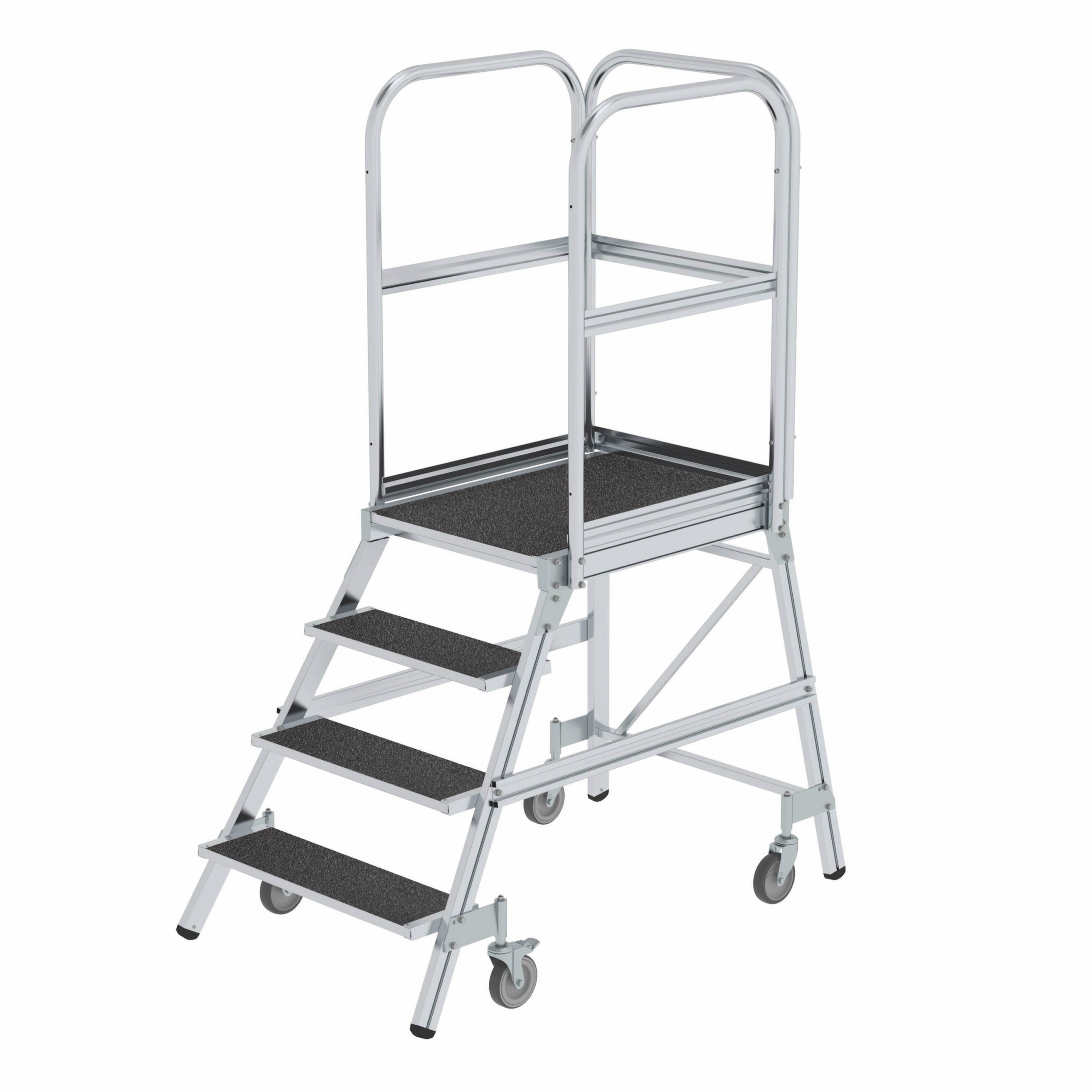 Aluminium-Podestleiter, einseitig begehbar, mit Federrollen, Korundbeschichtung R 13, 4 Stufen Aluminium-Podestleiter, einseitig begehbar, mit Federrollen, Korundbeschichtung R 13, 7 Stufen