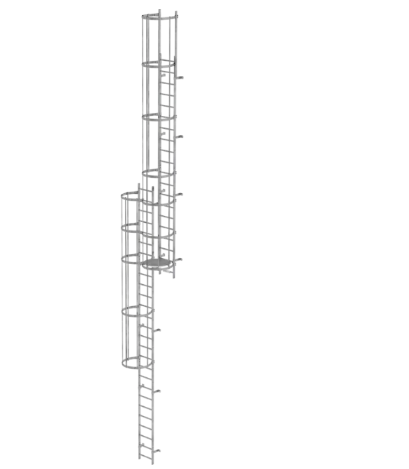 Mehrzügige Steigleiter mit Rückenschutz, Notleiter, Stahl verzinkt, Steighöhe 10,92 m