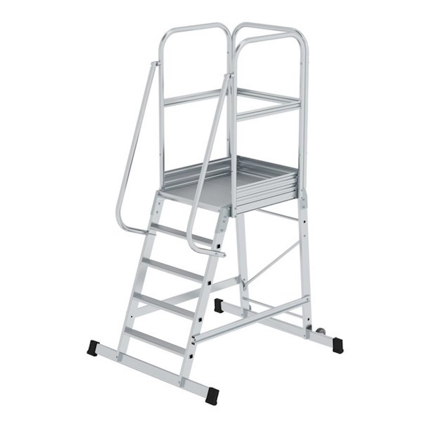 Aluminium-Podesttreppe, einseitig begehbar, fahrbar, 4 Stufen Aluminium-Podesttreppe, einseitig begehbar, fahrbar, 4 Stufen
