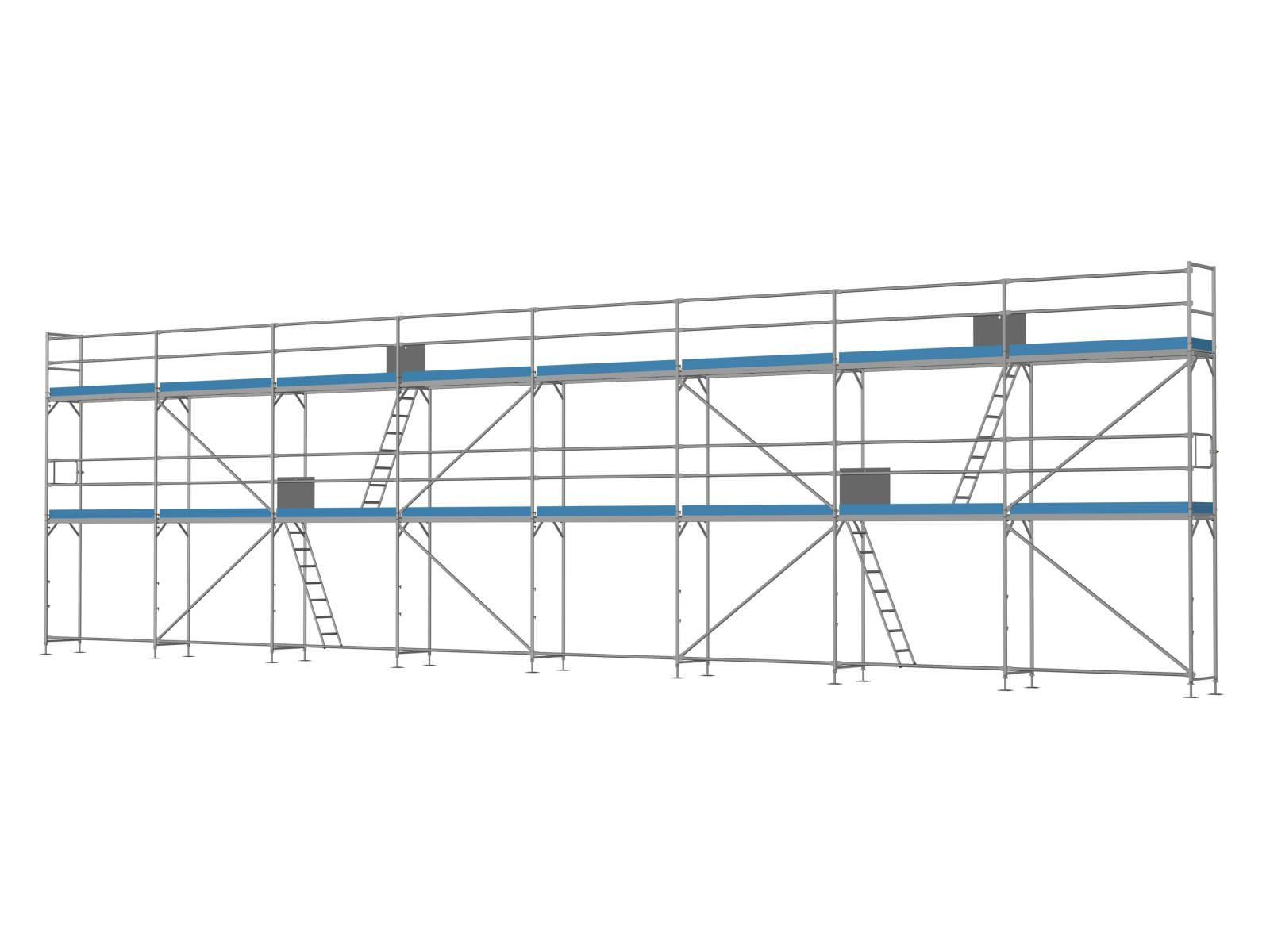Alu Traufseitengerüst 120 qm - 2,5 m Felder - 20 m lang - 6 m Arbeitshöhe - Komplettpaket